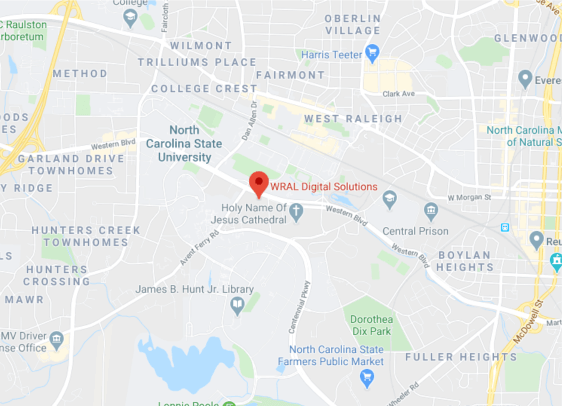 a screenshot of a map of raleigh, with WRAL digital solutions as a marker